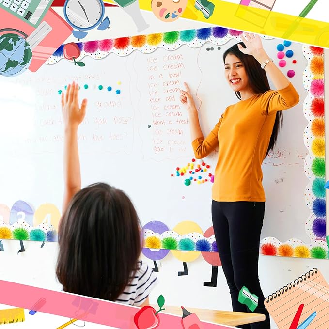 Fuyoooo 49 ft Colorful Poms Scalloped Magnetic Borders for Classroom, Cut Border Trim, Magnetic Bulletin Board Borders for Walls Desks Windows Doors, Lockers Schools Classrooms Homeschool Offices