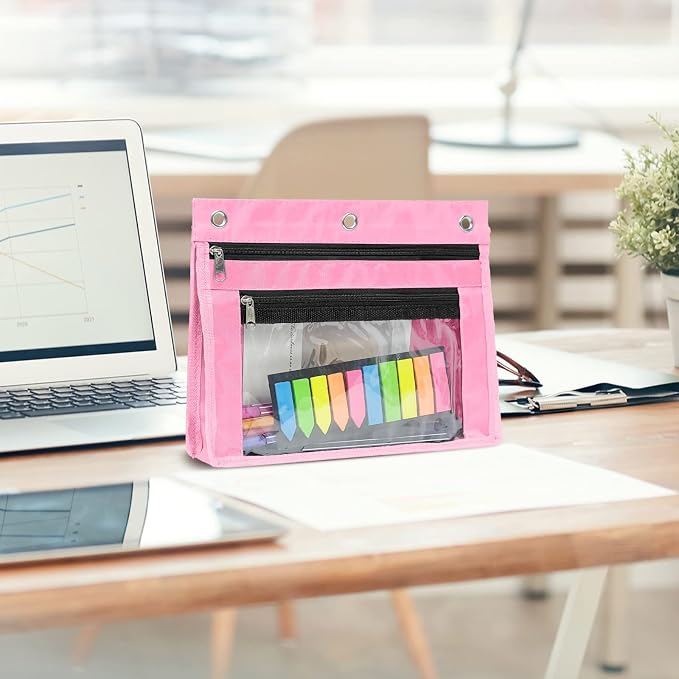 YoeeJob 2 Pack Expandable Pencil Pouches for 3 Ring Binders, Pink | 1-inch expansion, 2 clear PVC pockets, 3 holes, large-capacity storage for school and office supplies.