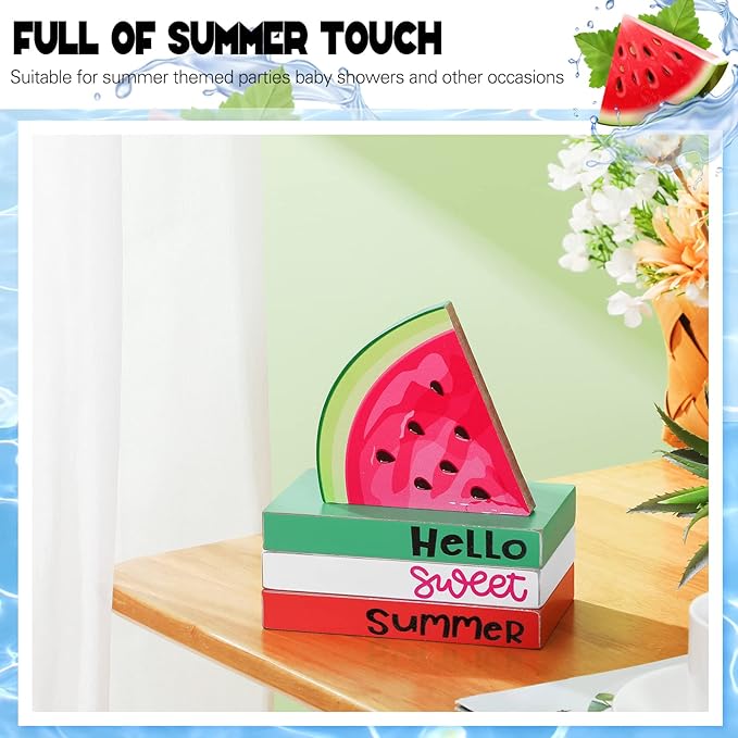Yulejo 4 Piece Summer Watermelon Table Decor Hello Sweet Summer Book Table Centerpieces Farmhouse Wooden Watermelon Tiered Tray Stacked Book Decor for Home Office Kitchen