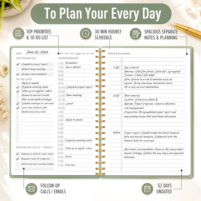 Daily Planner Undated - Simplified To Do List Notebook with Hourly Schedules, Spiral Appointment Organizer, 5.5" x 8.5", Easily Manage Your Tasks and Productivity - Green
