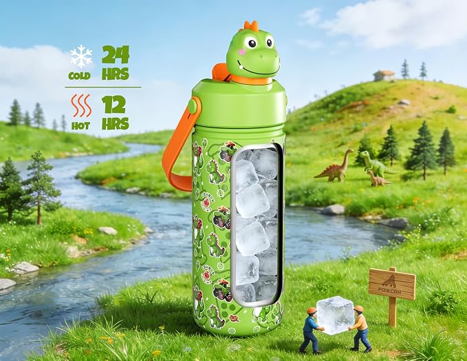 POWCAN Kids Water Bottle for School: 2-in-1 Straw Spout Lid with Soft Animal Head, Leakproof, Backpack Friendly, Keep Cold 24H, Insulated cup for Sports, Playground, Holiday Gift, Cowboy Rex 18 Ounces