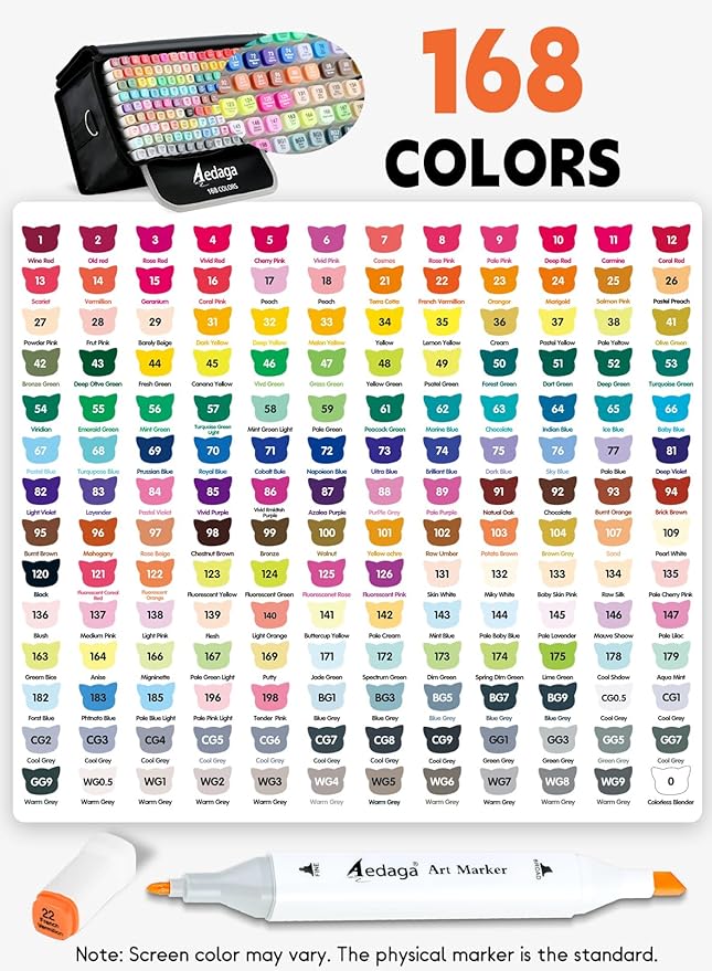 YHC 168 Colors Alcohol Markers with Free APP, Alcohol-Based Dual Chisel & Fine Tips Markers with Kickstand Case for Adult Coloring, Drawing, Painting and Sketching, Great Gift Idea for Artists