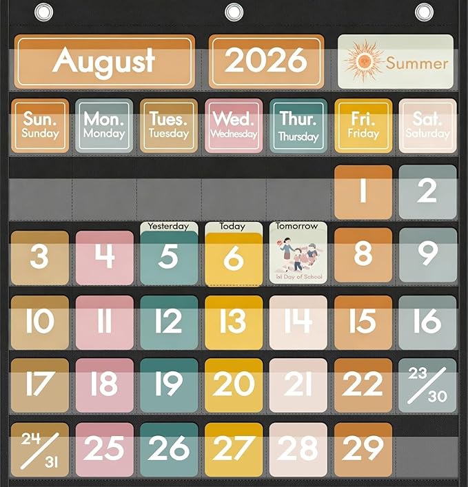 45 Pockets Classroom Calendar for Kids Learning, Pocket Chart Calendar Decor with Special Educational Cards, Teacher and Classroom Must Have Supplies, Boho