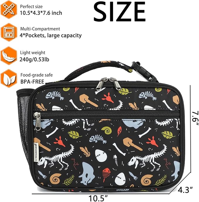 GYEUKHAM Insulated Lunch Box for School, Thermal Reusable Durable Freezable Lunch Bags for Kids Boys Girls Men Women - Small Soft Cooler Portable Lunch Tote Kit for Work Picnic Travel,Dinosaur Fossil