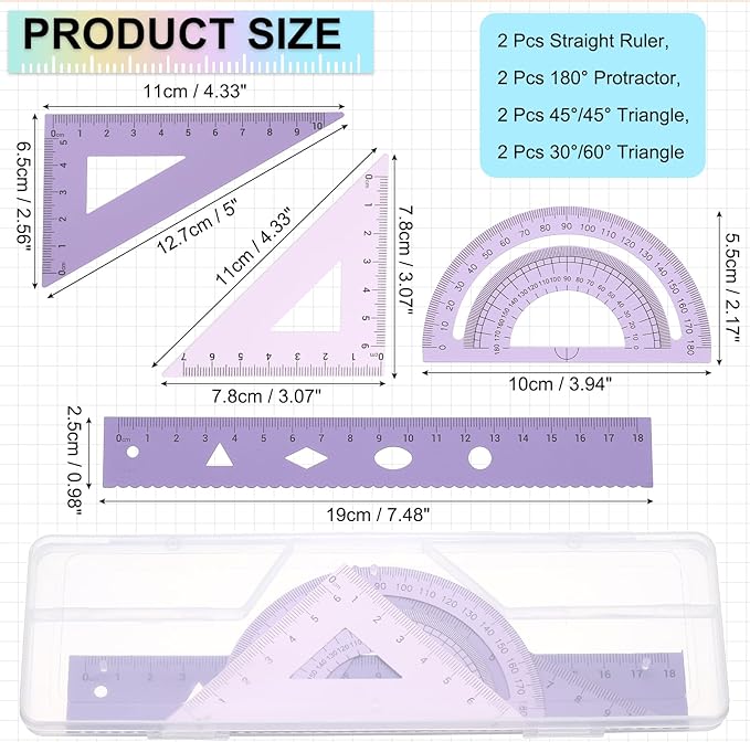 PATIKIL Geometry Set, 2 Pack 7 Inch Aluminum Ruler & 4 Triangles, Metal Protractor Ruler Math Drafting Measuring Tool for Home Office Math Drawing Engineering Art,Gradient Purple