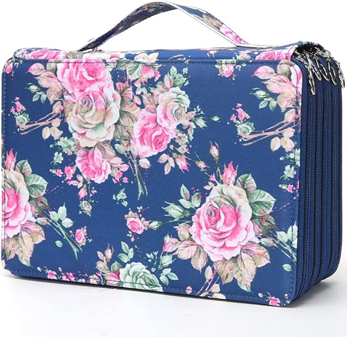 Vomgomfom 252 Slots Pencil Bag, 5-Layer Zipper Art Supply Organizer, PU Leather Portable Colored Pencil Case with Handle for 252 Watercolor Pens, Gel Pens (Blue Rose)