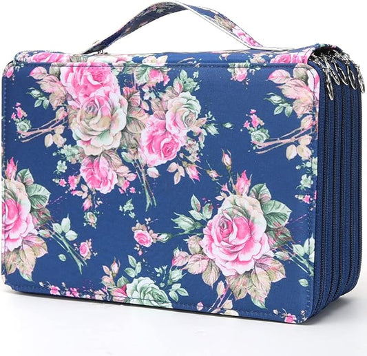 Vomgomfom 252 Slots Pencil Bag, 5-Layer Zipper Art Supply Organizer, PU Leather Portable Colored Pencil Case with Handle for 252 Watercolor Pens, Gel Pens (Blue Rose)