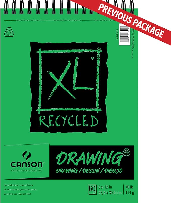 Canson XL Series Recycled Drawing Paper Pad, Top Wire Bound, 70 Pound, 9 x 12 Inch, 60 Sheets (Pack of 4)