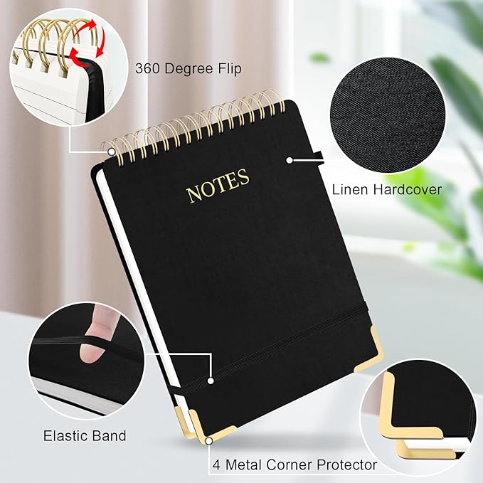 Aesthetic Top Spiral Notebook, A4 Large Linen Hardcover Top Bound Steno Pads, 240 Pages 100gsm Thick Lined Paper Left Handed Notebook Journal for Work, School, Church Writing - Black, 8.5" x 11"
