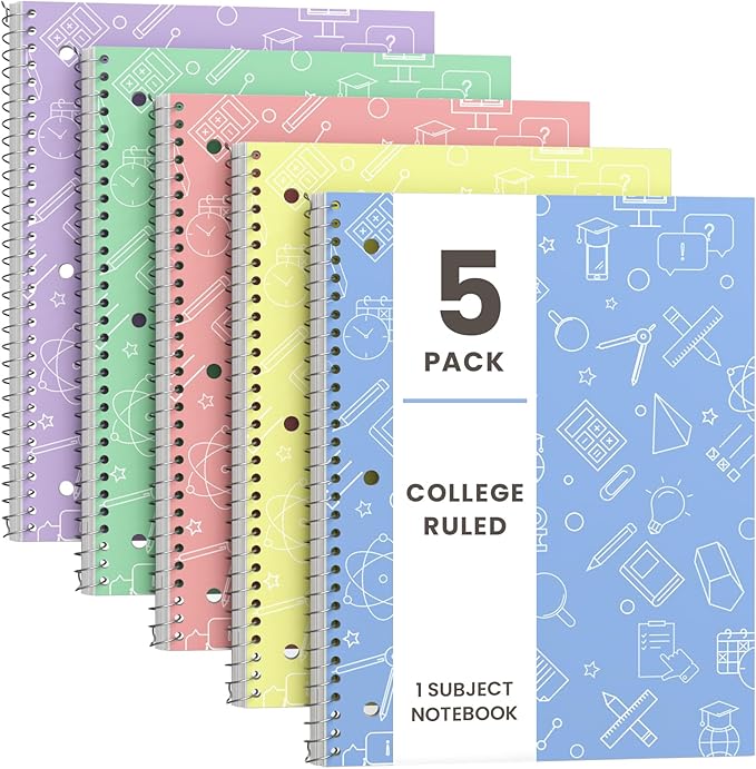 Oucaru Spiral Notebook, 5 Pack College Ruled Paper, 1-Subject, 8" x10 1/2" Notebooks for School Students, 70 Sheets, 3 Hole Punched, for Work, Home, Writing