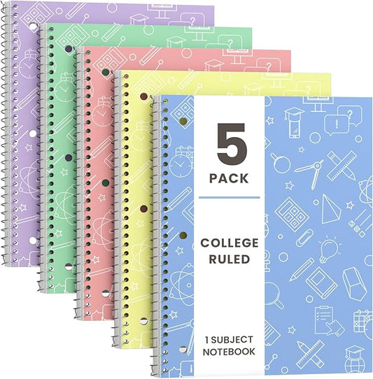 Oucaru Spiral Notebook, 5 Pack College Ruled Paper, 1-Subject, 8" x10 1/2" Notebooks for School Students, 70 Sheets, 3 Hole Punched, for Work, Home, Writing