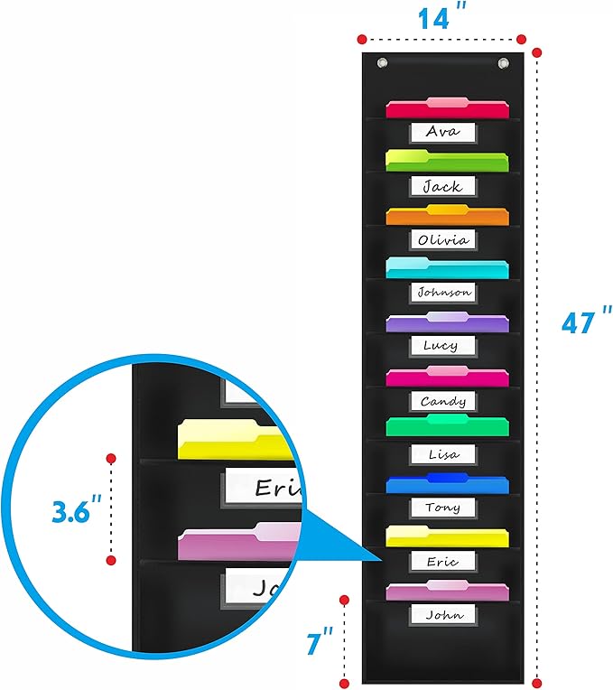 Vantasii Organization Pocket Chart with 10 Pockets, Hanging Wall File Organizer, 2 Over Door Metal Hangers Included, 10 Dry-Erase White Labels,Organize Your Assignments, Files (Black, 14” x 47”)