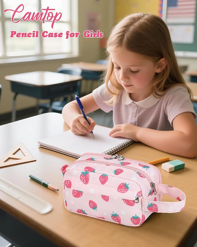 CAMTOP Cute Pencil Case for Girls, Large Capacity Pencil Pouch with 3 Compartments Pen Organizer Pink Kawaii Pencil Box Bag for School Travel Gifts