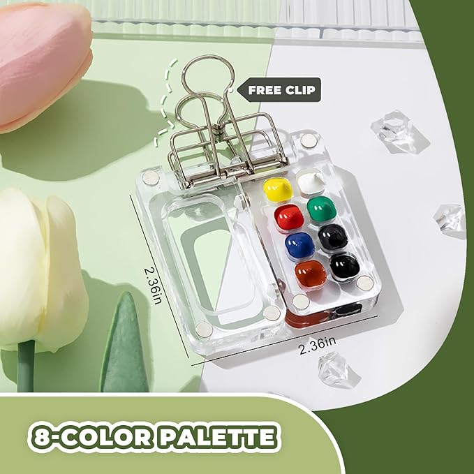 Mini Portable Watercolor Palette Set-Grid Paint Box with Binder Clips Include 12 Colors Paint - Brush*3 and Picture Album Art Materials Coloring Markers for Travel, Creative Drawing Kit for Beginners and Art Enthusiasts(Yellow Wood-S)