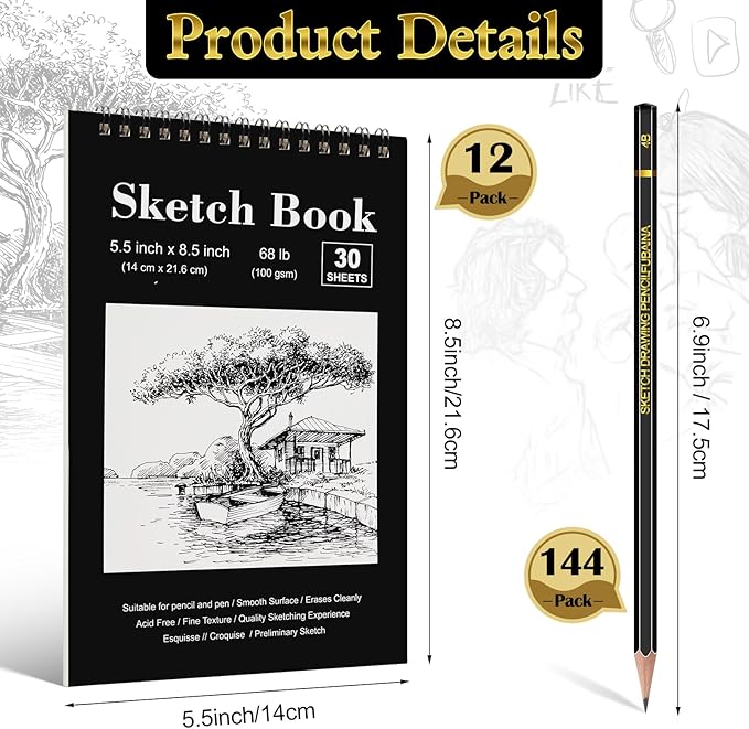 Humyoun 24 Pcs Top Spiral Bound Sketch Pad with Drawing Pencils Set, 5.5 x 8.5 Inch Sketchbook, 68lb(100gsm) Thick Paper, Charcoal & Graphite Pencils (12B-4H) for Shading, Artists & Beginners