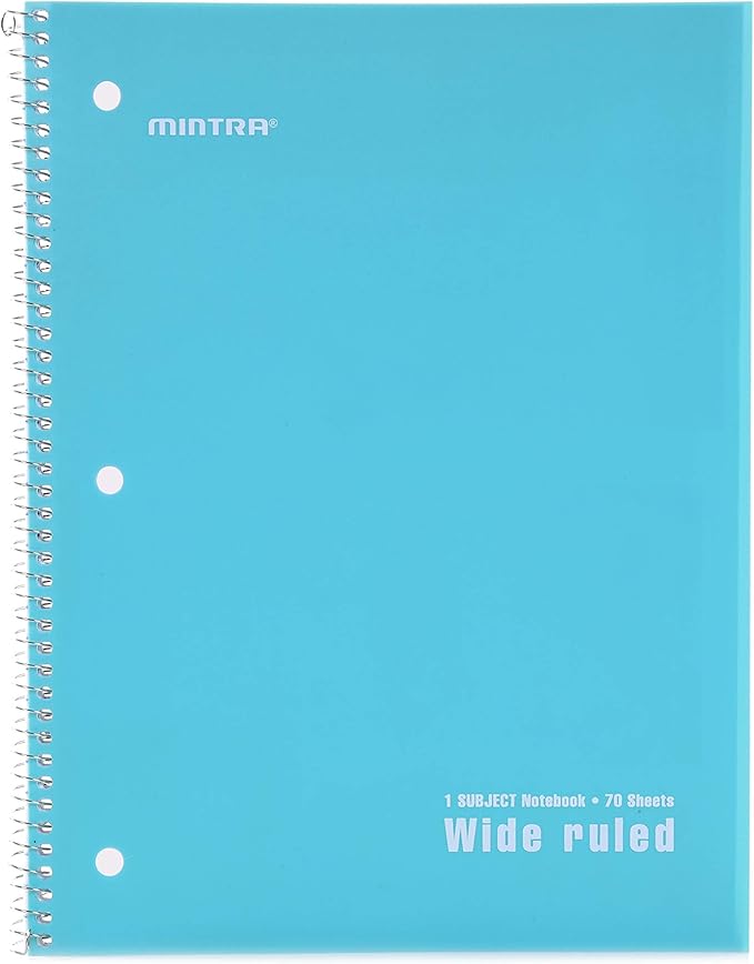 Mintra Office Spiral Notebooks Set - Primary Colors, Wide Ruled, Poly Waterproof Covers, Journals for School, Work, Business, Writing Pads, Teacher & Student Supplies, 70 Sheets Each, 6-Pack