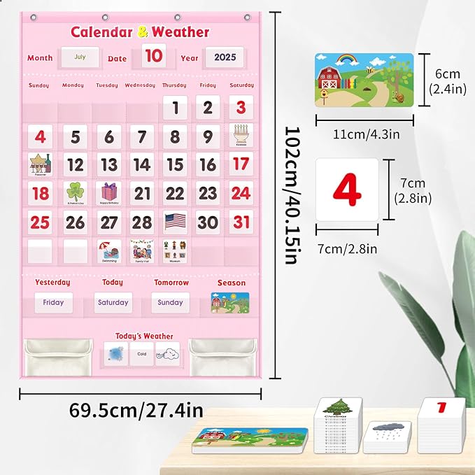 Interactive Calendar for Kids - Learning Calendar Wall Chart with Daily Weather, Seasons for Toddlers Preschool - Homeschool Classroom Must Haves Supplies for Circle Time Morning Board (Pink)