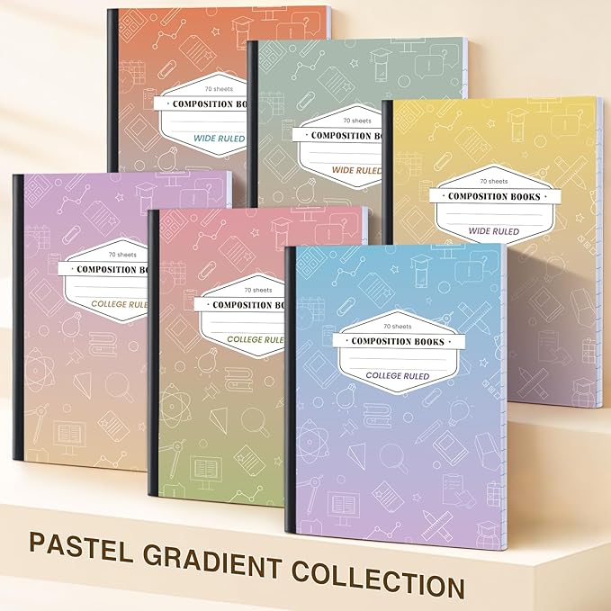 Oucaru Composition Notebook 6 Pack Wide Ruled, Gradient Cover Notebooks for School, 70 Sheets 7-1/2"x9-3/4, Back to School Supplies Journal for K-12 Students