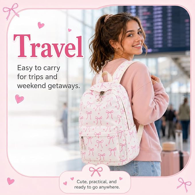 LOIDOU Backpack for Teen Girls Bookbags School Backpack with Lunch Box 2 in 1 School Bags Set (Bow Tie Beige)