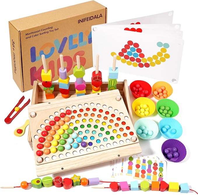 INIFEIDALA Montessori Toys for 3 4 5 Year Old,Stacking Blocks,Lacing Beads & Shape Stacker,Wooden Beads Sequencing Toy Set,Fine Motor Skills & STEM Preschool Learning Gifts for Toddlers Boys & Girls