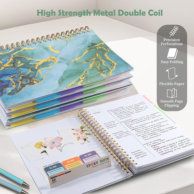 5 Subject Notebook for Work with Removable Dividers Tabs, Large 8.5" x 11 Spiral Lined Notebooks for School Note Taking & Organizer, A4 240 Pages College Ruled Journal for Women & Writing, Blue