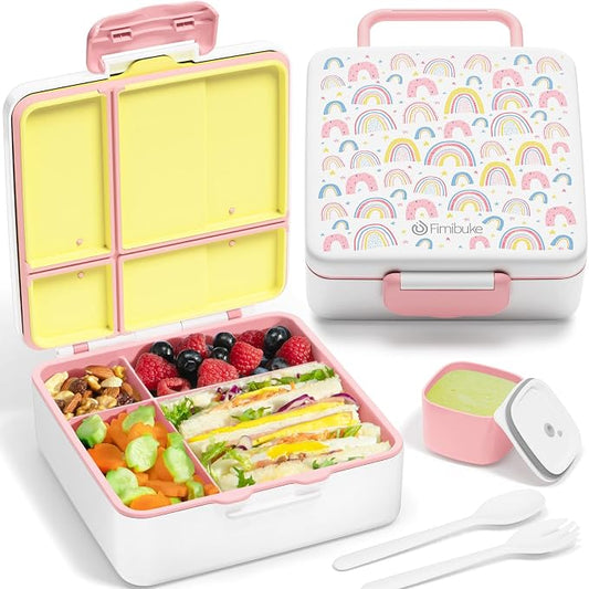 Fimibuke Bento Lunch Box for Kids, Toddler Bento Box with 4 Compartments | Leak Proof BPA Free Dishwasher Safe Lunch Container with Utensils, Ideal Portion Sizes for Ages 3-12 Girls Boys for School