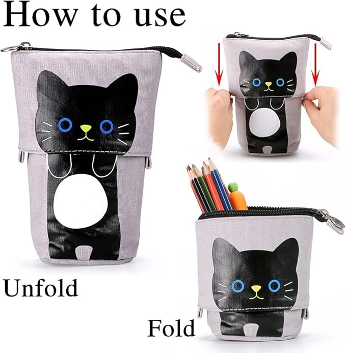 Telescopic Pencil Pouch Standing Pen Holder Cute Pencil Bags Stand Up Pen Case Cartoon Pencil/Pens Storage Box Canvas+PU Stationery Organizer Makeup Bag with Zipper Closure (Gray)