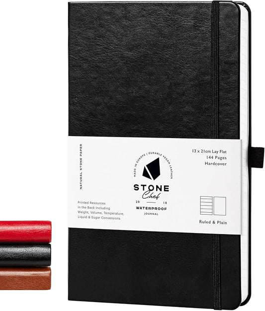 Stone Journal Chef Notebook – 13 × 21 cm Waterproof Paper, 144 Pages, Half Lined & Half Blank, Vegan Leather Hardcover, Kitchen Conversions, Premium Journal (Black)