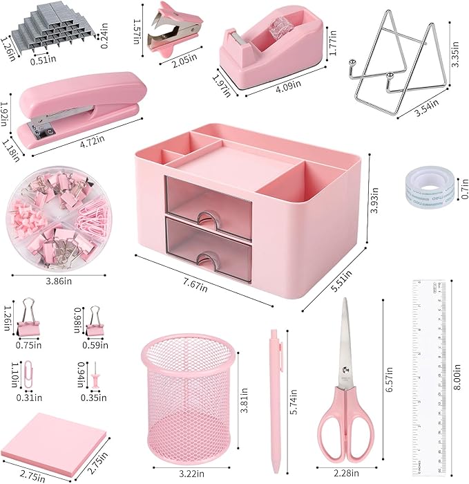 Pink Desk Organizers and Accessories 12+1Pcs, Office Supplies for Desk, Pen Organizer with 2 Drawers with Stapler,1000 Staples, Phone Holder, Tape Dispenser, Pen Holder, Sticky Note, Clips, Ruler,Etc