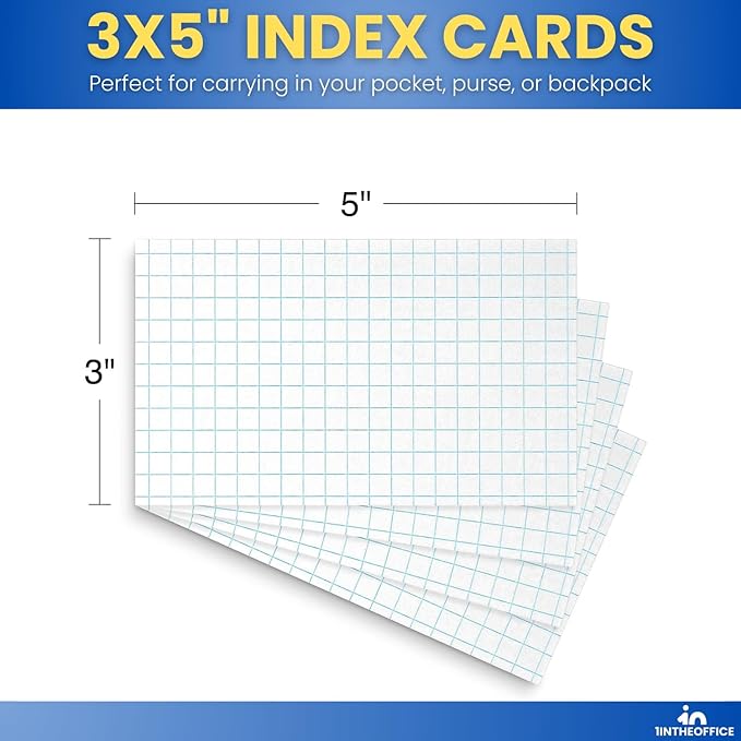 1InTheOffice Index Cards 3x5 Graph Ruled White, Grid Index Cards 200/Pack