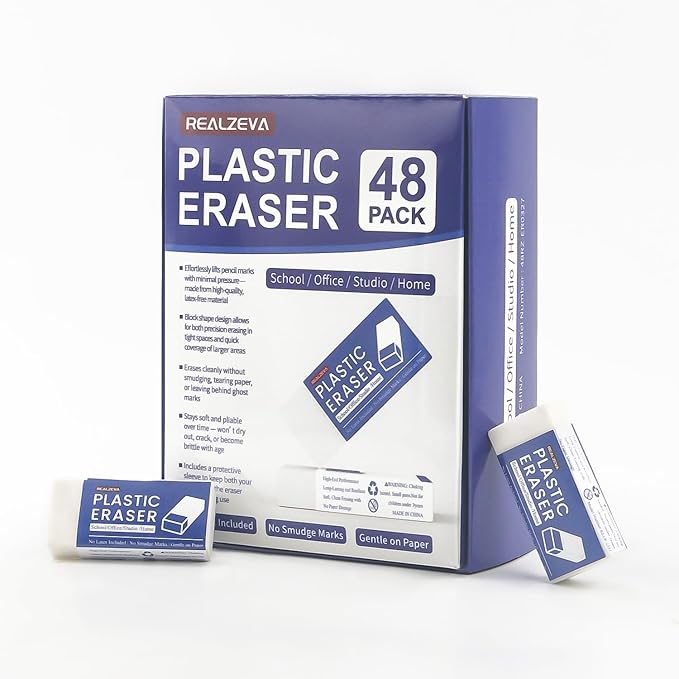 Realzeva White Vinyl Erasers for Pencils, White Plastic Eraser, 48-Pack Bulk Pencil Erasers for Classroom & School, Kids Classroom Must Haves & Back to School Supplies Eraser.