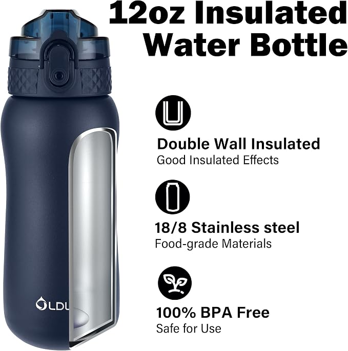 Oldley Insulated Water Bottle 12oz Water Bottles with Straw, Stainless Steel Water Bottle with 2 Lids, Double Wall Vacuum Bottels for Adults Kids,Leak-Proof Sport Bottles for School Travel, Navy Blue
