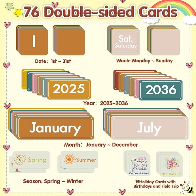 45 Pockets Classroom Calendar for Kids Learning, Pocket Chart Calendar Decor with Special Educational Cards, Teacher and Classroom Must Have Supplies, Boho