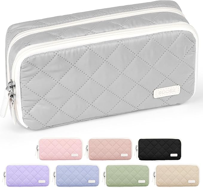 Sooez Large Pencil Case Pouch, Extra Big Pencil Bag with 8 Compartments, Pen Bag Wide Opening, Soft Quilted Pencil Pouch Organizer with Zipper, Portable Pencil Case for Teen Girls, Light Gray