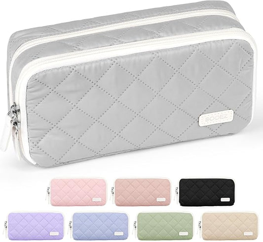 Sooez Large Pencil Case Pouch, Extra Big Pencil Bag with 8 Compartments, Pen Bag Wide Opening, Soft Quilted Pencil Pouch Organizer with Zipper, Portable Pencil Case for Teen Girls, Light Gray