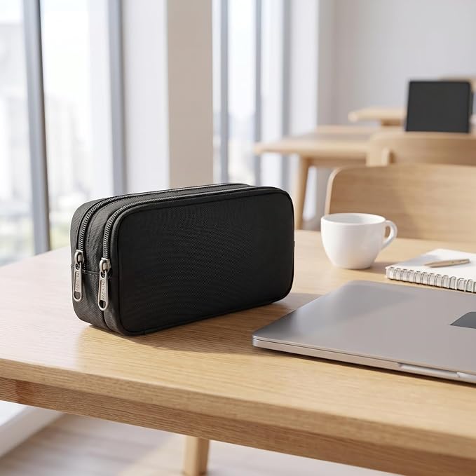 Della Gao Large Pencil Case, Big Capacity Pencil Pouch with 2 Compartments | Office Pencil Bag with Zipper, Big Pen Case for Adults (01-Black)