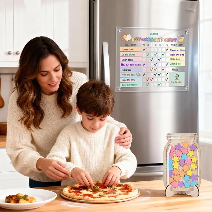 Acrylic Magnetic Kids Chore Board & Star Reward Jar - Dry Erase Fridge Calendar with Erasable Markers, Wooden Stars & DIY Stickers for Visual Schedule, Behavior Tracking & Potty Training Toddlers
