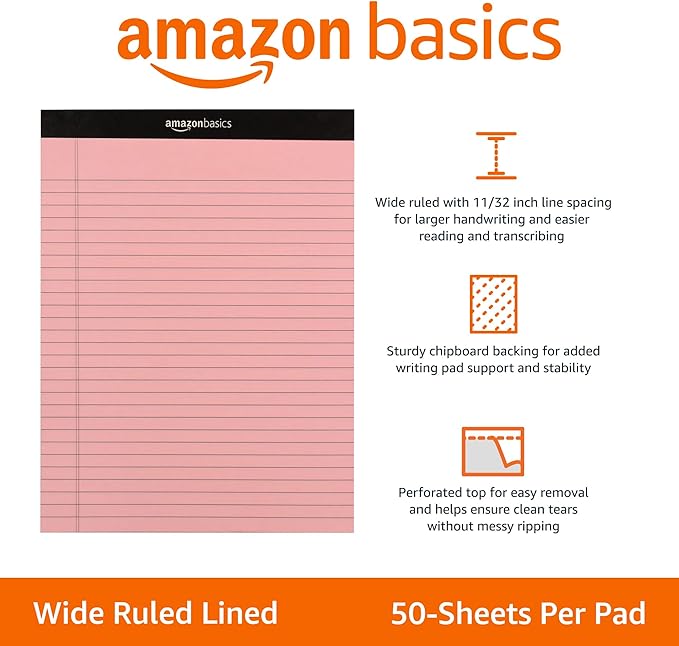 Amazon Basics Wide Ruled Lined Writing Note Pads with Sturdy Back, 8.5" x 11.75", Multicolor, 6-Pack, 300 Sheets, Perforated
