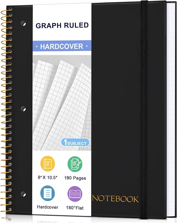 Spiral Notebook Graph Ruled Paper 8" x 10 1/2", 1 Subject Spiral Grid Notebook 3-Hole Punched Perforated Page Ideal for School, Office, Writing, 95 Sheets Lined Journaling Graphing Notebook, Black