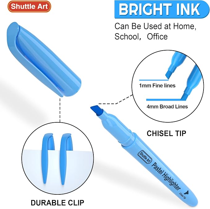 Shuttle Art Highlighters, 15 Colors Pastel Highlighter Pens Assorted Colors, Chisel Tip Dry-Quickly Non-Toxic Highlighter Markers for Adults Students Highlighting in the Home School Office