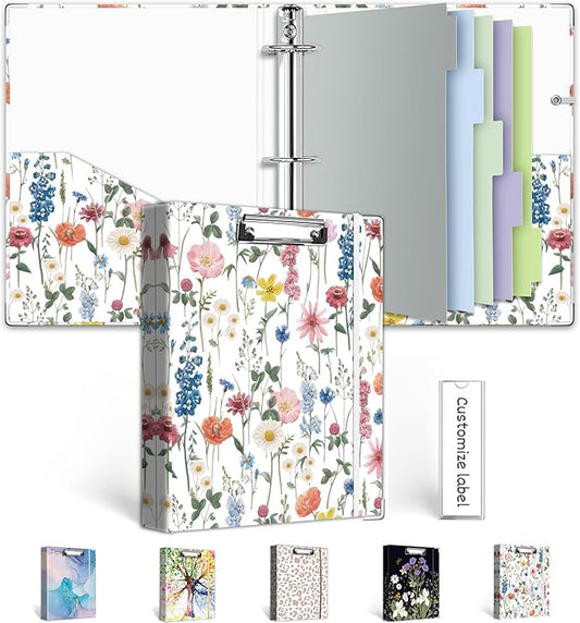 A5 Binder 3 Ring 1 Inch for 5.5"x8.5" Paper, Cute Mini Three Ring Binders with Clipboard,5-Tab Dividers,Interior Pocket, Spine Label, BVSSX Small Binder with Pen Holder, Blue Bloom