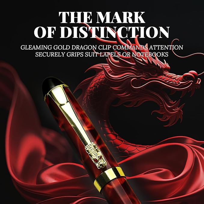 YUNCHUN Red Dragon Fountain Pen for Writing, Refillable Luxury Metal Pens, Fancy Ink Pen with 10 Black and 10 Blue Ink Refills, Gift Sets for Men and Women, Business Writing Pen with Marble Grain