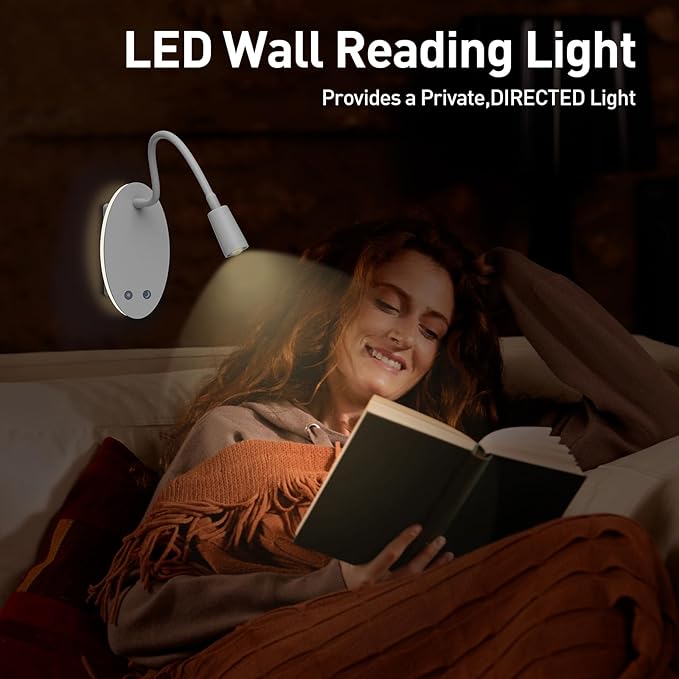 Rechargeable Wall-Mounted Reading Light for Bed - Cordless Bedside Lamp with 40H Battery, 3 Color Temperatures & Stepless Dimming, Eye-Care Night Light, USB Output, No Disturb to Partner(2pcs)