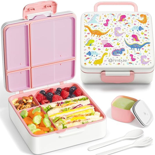 Fimibuke Bento Lunch Box for Kids, Toddler Bento Box with 4 Compartments | Leak Proof BPA Free Dishwasher Safe Lunch Container with Utensils, Ideal Portion Sizes for Ages 3-12 Girls Boys for School