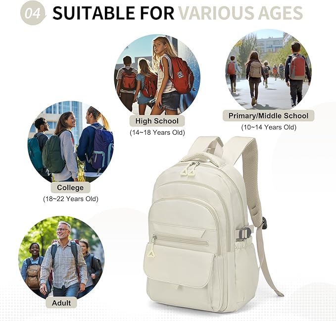 Aesthetic Daypack Backpack, Water-Resistant 15.6" Laptop Backpack for Women and Men, Featuring Touch-Fastener and Anti-Theft Pockets (White)