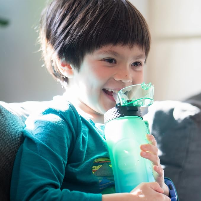 24 OZ Motivational Kids Water Bottle With Time Marker,Straw Lid,Leak Proof, Tritan BPA Free Sports Water Bottle Green-Blue(1 Lid)
