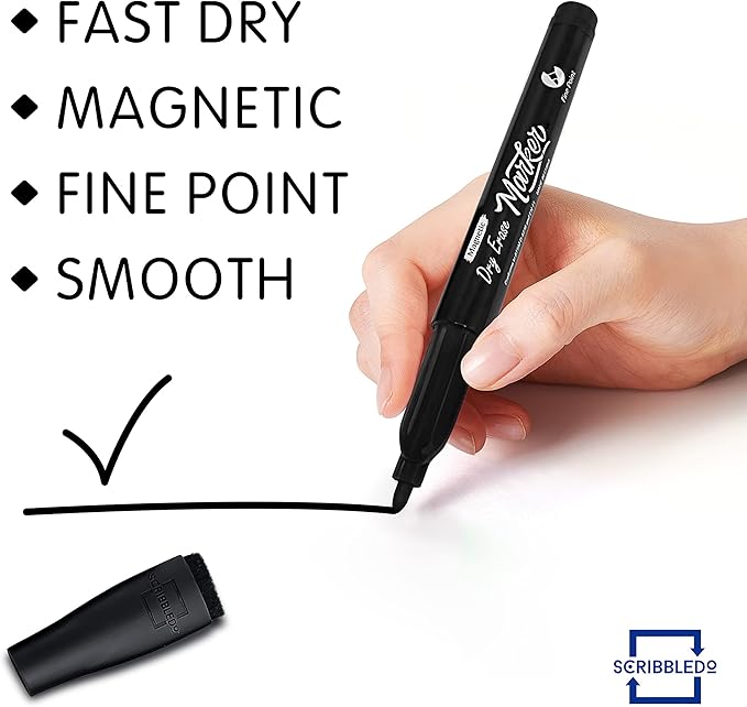 Scribbledo 12 Pack Magnetic Dry Erase Markers Black Fine Tip Whiteboard Markers with Eraser Cap Thin Low Odor Skinny White Board Markers for Adults Students Teachers Art Home School & Office