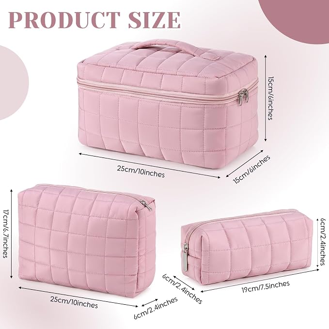Huhumy 3 Pcs Large Puffy Makeup Bag Set Quilted Cosmetic Pouch for Women Cute Checkered Travel Toiletry Bag Puffer Makeup Organizer Purse Pouch Preppy Pencil Case with Zipper Valentine Gift(Pink)