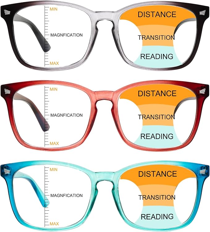 3 Pack Progressive Multifocus Reading Glasses for Women Men Anti Eyestrain Spring Hinges Conmputer Readers (3 Mix Colors, 2, diopters)