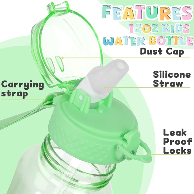OLDLEY 12oz Kids Water Bottle, Tritan BPA-Free, Leakproof Flip Straw Lid, Motivational Time Marker, Carry Strap, Reusable Clear Water Bottle for Boys & Girls,Pear